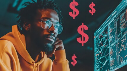 An observant individual, immersed in a complex analysis of financial data, contemplates the path towards securing economic prosperity