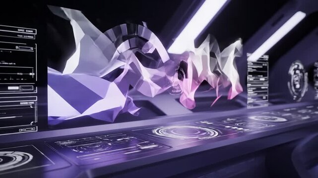 Futuristic AI ship bridge with activating holographic interface. Sci-fi control room displaying data and geometric energy patterns for advanced automation and technology concepts. Video footage.