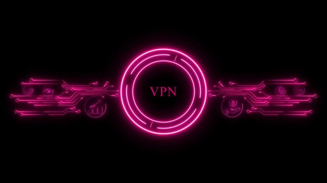Neon VPN text in a glowing circle with circuit board elements    . Neon business, Technology and network concept.