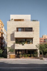Fototapeta premium Modern brick building features lush greenery on terraces and balconies in a sunny city neighborhood surrounded by residential homes
