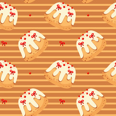 Seamless pattern of New Year's cupcake, cake with berries and bows, cozy festive mood, minimalist style, isolated on white background, for fabric, design, vector illustration