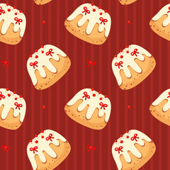 Seamless pattern of New Year's cupcake, cake with berries and bows, cozy festive mood, minimalist style, isolated on white background, for fabric, design, vector illustration