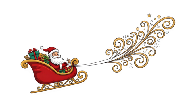 Santa claus in his sleigh filled with gifts pulled by a golden flourish isolated on transparent background
