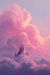 Fairytale in the Clouds: A majestic castle, a symbol of dreams and fantasies, floats serenely amidst a sea of fluffy, cotton-candy-colored clouds, inspiring a sense of wonder and enchantment.
