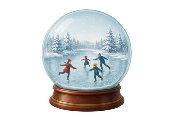 Family enjoying ice skating inside a classic snow globe, depicting a festive winter holiday scene. Transparent background
