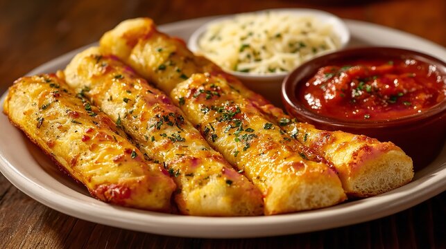 Close up of cheesy breadsticks with marinara sauce and cheese dip, a delicious italian appetizer
