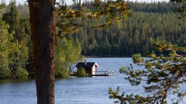 idyllic lonely located red house at scandinavian lake 209