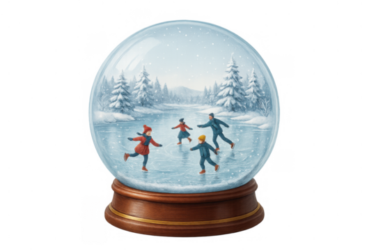 Family enjoying ice skating inside a classic snow globe, depicting a festive winter holiday scene. Transparent background - Powered by Adobe