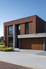 Modern house with brick and stone facade set in a sunny neighborhood showcasing sleek design and landscaping under clear blue sky