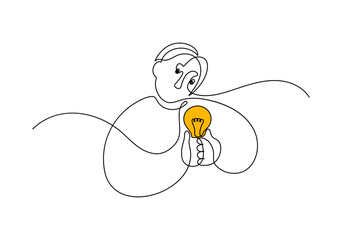 Thinking man with lightbulb. The man carefully examines the light bulb. Imagination and creativity concept. Continuous line drawing.