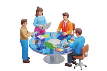 Team meeting around a table with laptops isolated on transparent background