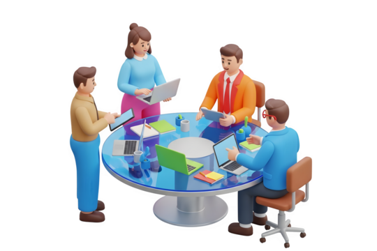 Team meeting around a table with laptops isolated on transparent background