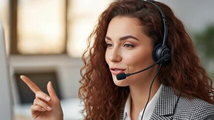 A beautiful call center agent with curly hair and a headset, smiling while assisting a client. This footage is perfect for customer support concepts - Powered by Adobe