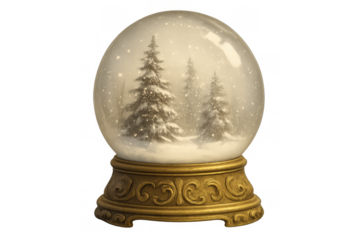 Snow globe features a winter scene with snow-covered trees and a decorative gold base, evoking christmas cheer