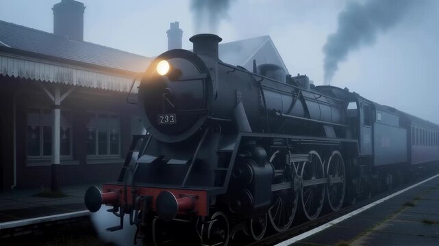 Vintage steam train approaching a misty train station platform with glowing headlight and smoke plume, historical transport footage