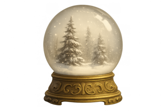 Snow globe features a winter scene with snow-covered trees and a decorative gold base, evoking christmas cheer