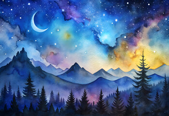 Naklejka premium Enchanting watercolor landscape of a mystical night sky with a crescent moon over silhouetted pine trees and majestic mountains