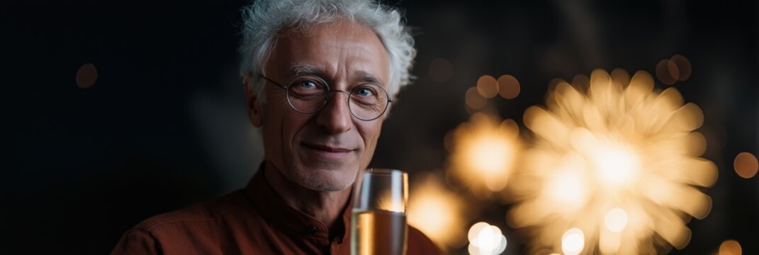 Elderly caucasian male celebrating with champagne during festive fireworks display