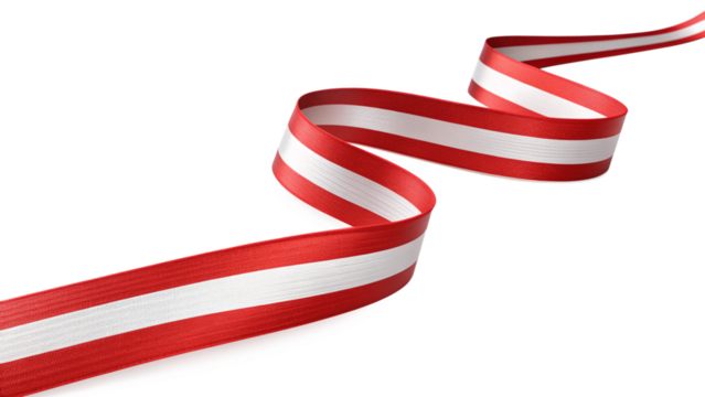 Red and white striped ribbon waving on a black background isolated on transparent background