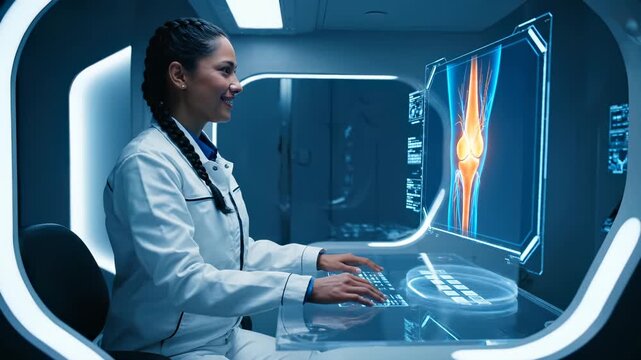 Examining hologram knee scan with gesture. Woman doctor studies joint image. Medical exam reveals bone detail. Healthcare technology enables diagnosis. Futuristic pod implies advanced imaging process.