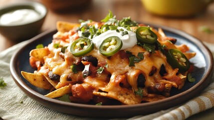 Loaded nachos with cheese, jalapenos, sour cream, and cilantro on a blue plate, a tasty appetizer