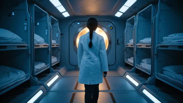 Scientist inspects cryogenic pod bank. Researcher walks through rows of illuminated pod. Scientist faces circular chamber. Futuristic lab shows preservation medical research with cryonics with tech.