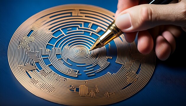 extreme close up of a hand using a fountain pen to draw an intricate golden circular maze on a blue dark surface conceptual image that represents the choices and challenges of life generative ai