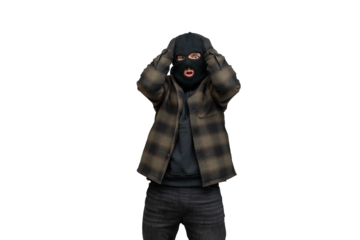 Balaclava-clad criminal looking startled, scared, or surprised while on a transparent background