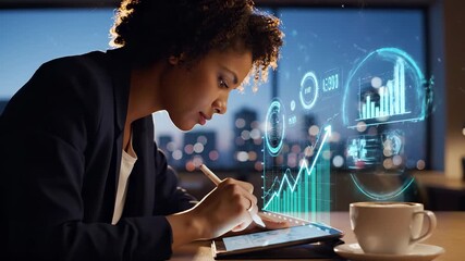Woman at work on tablet using stylus. Business technology data analysis appear as graphics. Office with city view and coffee. Visual emphasizes innovation. Image shows focused modern digital workflow.