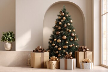 골드 장식이 달린 크리스마스 트리