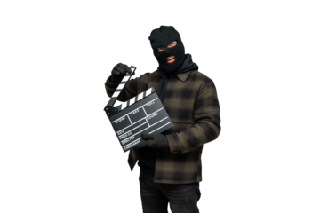 Thief wearing balaclava holding clapperboard, stealing movie content, digital piracy, media copyright infringement on a white background