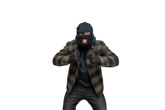 Thief wearing balaclava and gloves standing in an aggressive pose, ready for robbery or confrontation