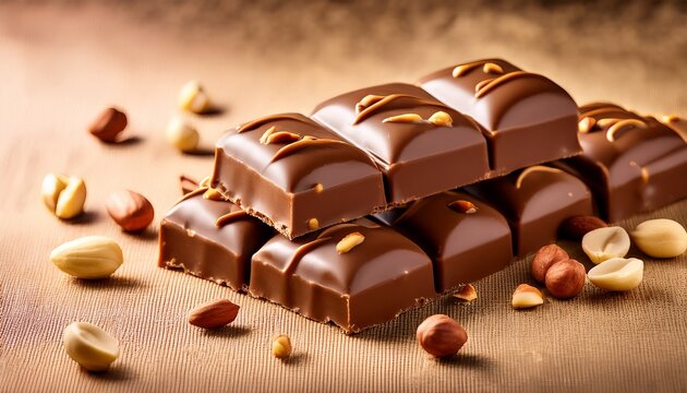 gourmet chocolate peanut bars on textured surface in warm lighting