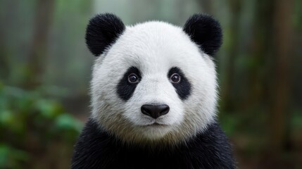 Fototapeta premium Gentle Panda's Gaze: A captivating portrait of a giant panda, with its distinctive black and white fur, gazes directly at the viewer, conveying an aura of peace and innocence.