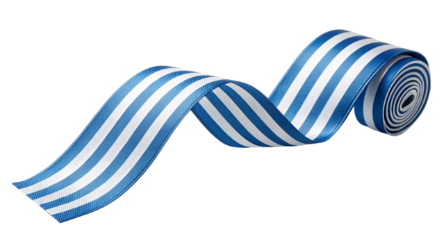 Blue and white striped ribbon unfurling on a transparent background isolated on transparent background