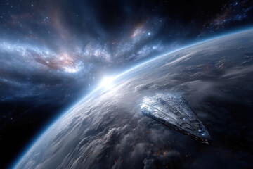 Fototapeta premium Spacecraft hovering above Earth with a distant galaxy in the background during twilight