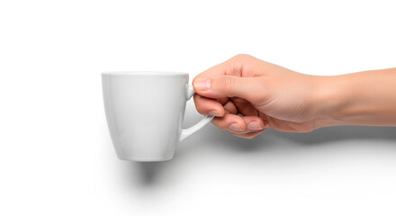 Title: Top View of a Hand Grabbing the Handle of a Coffee Cup Against a White Background