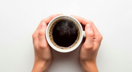 Top View of a Hand Holding a Coffee Mug Against a White Background