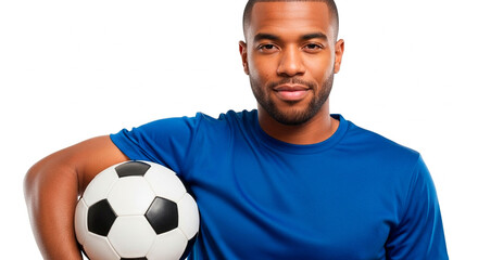 Closeup of a Man (Soccer Player) Holding a Traditional Neutral Soccer Ball Under His Arm Against a White Background