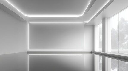 Modern office space with a minimalistic design and a large window