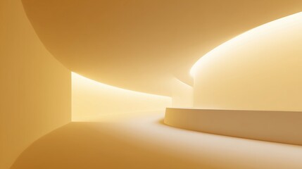 A modern interior with abstract architectural design in warm tones and soft light