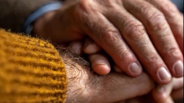 Wrinkled hands nestled atop hairy arm