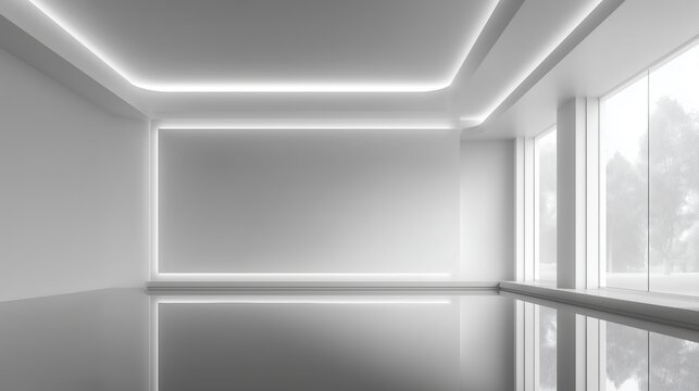 Modern office space with a minimalistic design and a large window