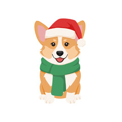 Cute corgi dog in Santa hat and green scarf isolated vector illustration for Christmas and winter holiday design