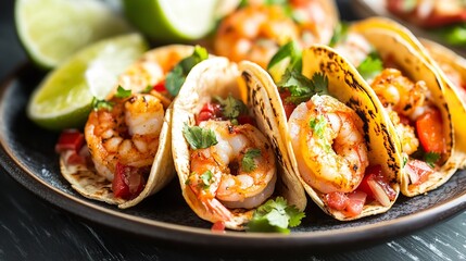 Delicious shrimp tacos with lime and cilantro on a dark plate, a flavorful and vibrant dish