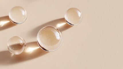 Transparent Glass Spheres on a Pale Surface. The photograph showcases several clear, spherical objects against a minimalist backdrop