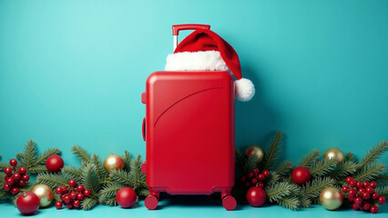 A red suitcase with a rolling handle and a Santa Claus hat on top, framed by Christmas tree branches decorated with baubles, on a blue background. Copy space. AI generative.