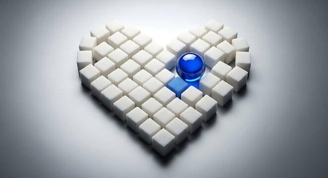 Sugar cube heart with contrasting blue sphere encourages healthy habits and mindful eating for wellness brands and diabetes awareness campaigns