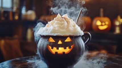 Halloween pumpkin cauldron with whipped cream and a straw, spooky and festive treat for the holiday