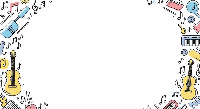 Musical instruments and notes forming a decorative border design  